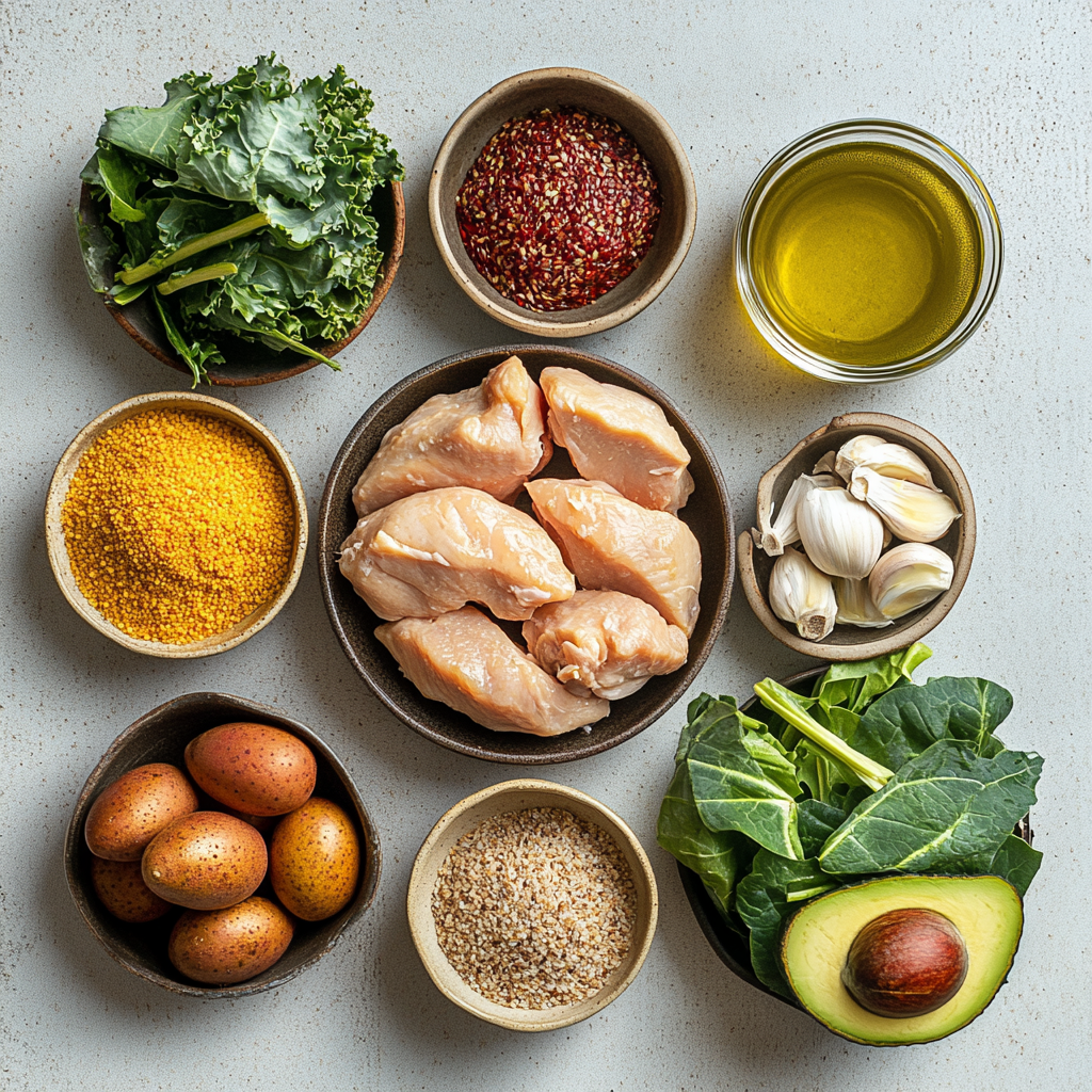 Grilled Chicken Avocado Protein Bowl with crispy potato crust and vegetable filling a white plate overhead view