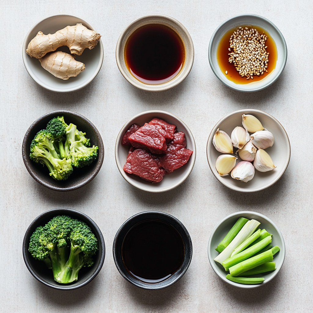 Beef & Broccoli Protein Stir-Fry with crispy potato crust and vegetable filling a white plate overhead view