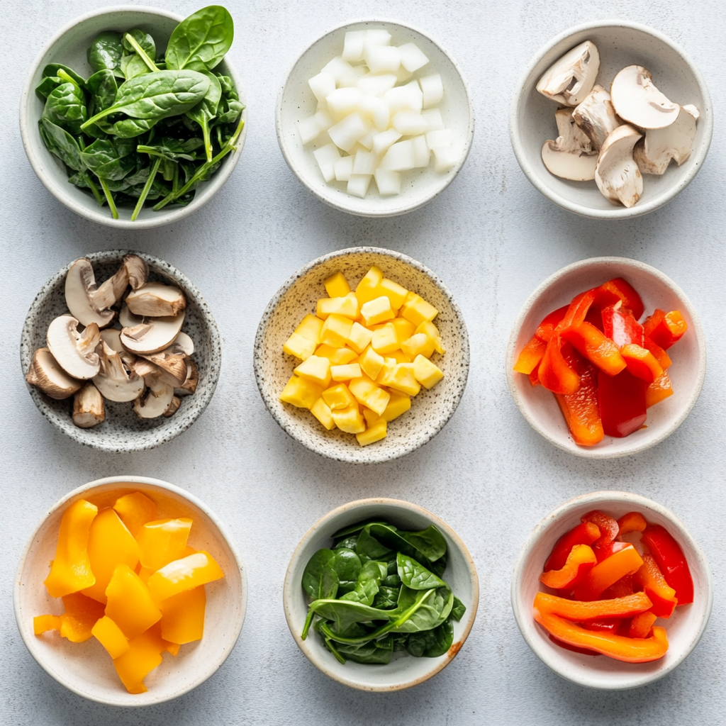 High-Protein Egg White Veggie Omelette with crispy potato crust and vegetable filling a white plate overhead view