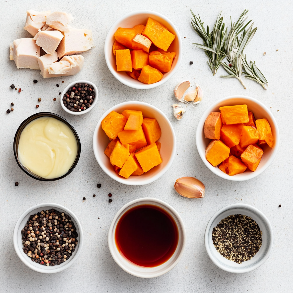 Turkey & Sweet Potato Power Skillet with crispy potato crust and vegetable filling a white plate overhead view