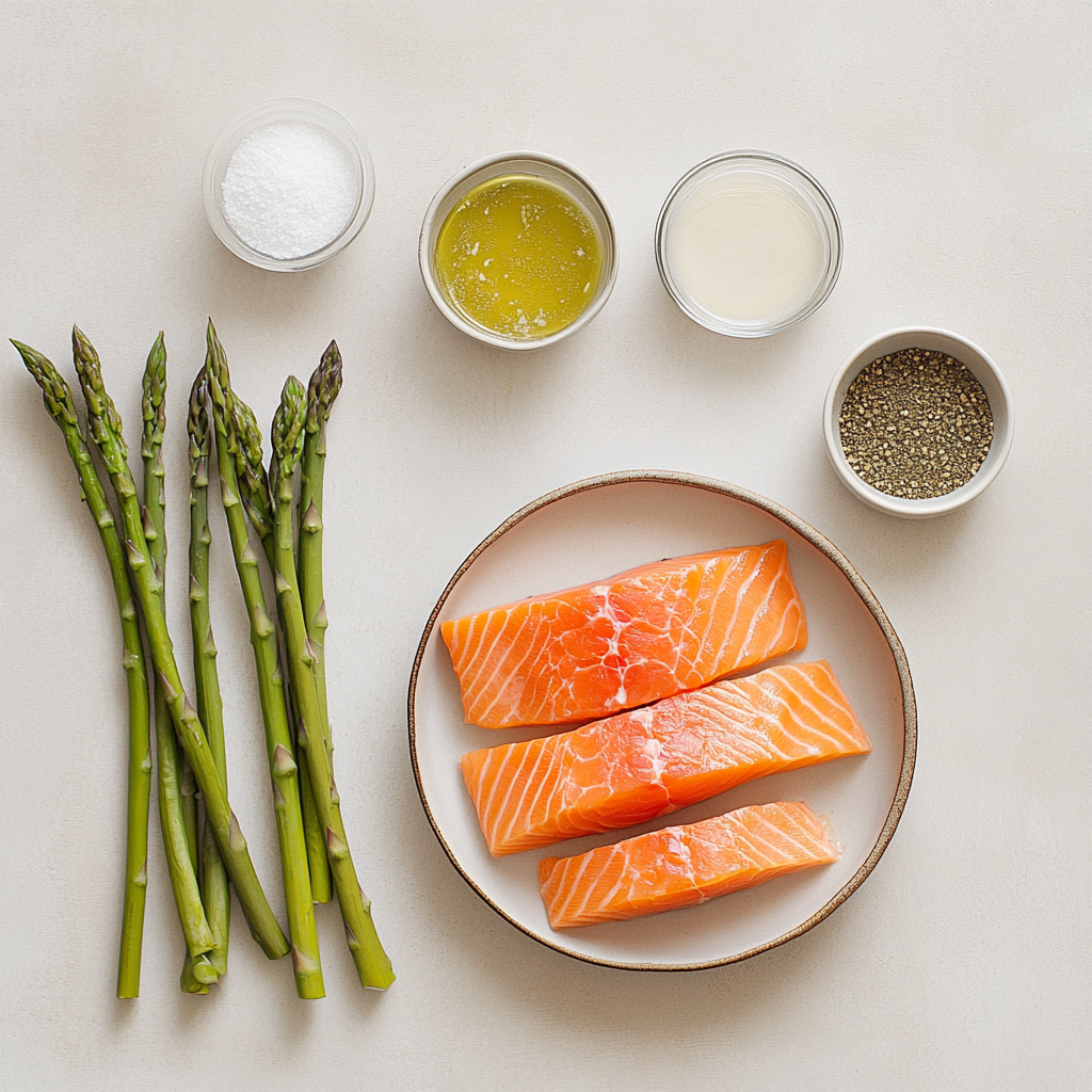 Baked Salmon with Asparagus with crispy potato crust and vegetable filling a white plate overhead view