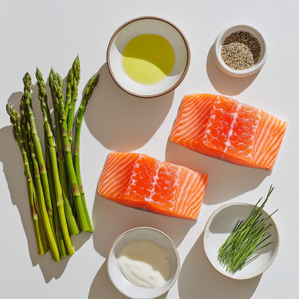Baked Salmon with Asparagus with crispy potato crust and vegetable filling a white plate overhead view