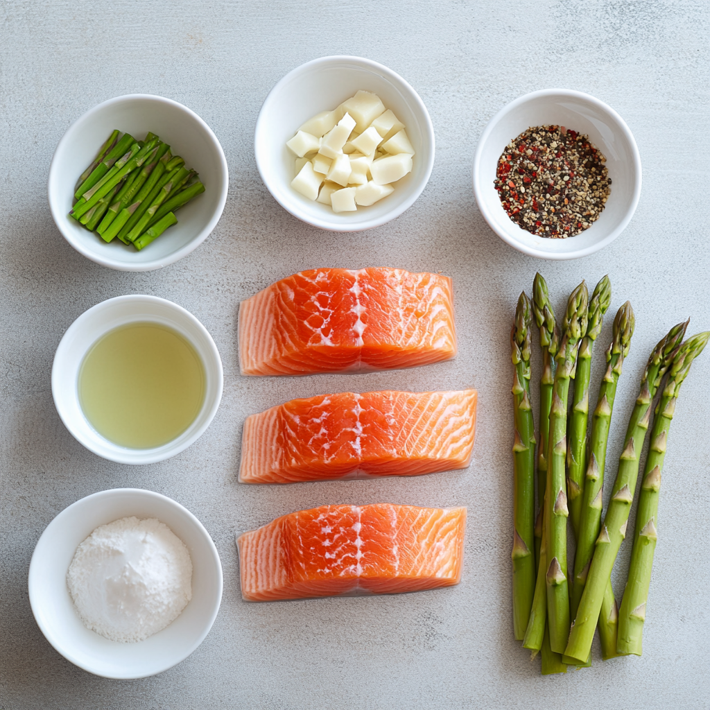 Baked Salmon with Asparagus with crispy potato crust and vegetable filling a white plate overhead view