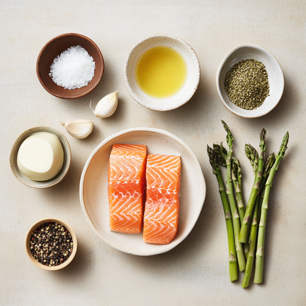 Baked Salmon with Asparagus with crispy potato crust and vegetable filling a white plate overhead view
