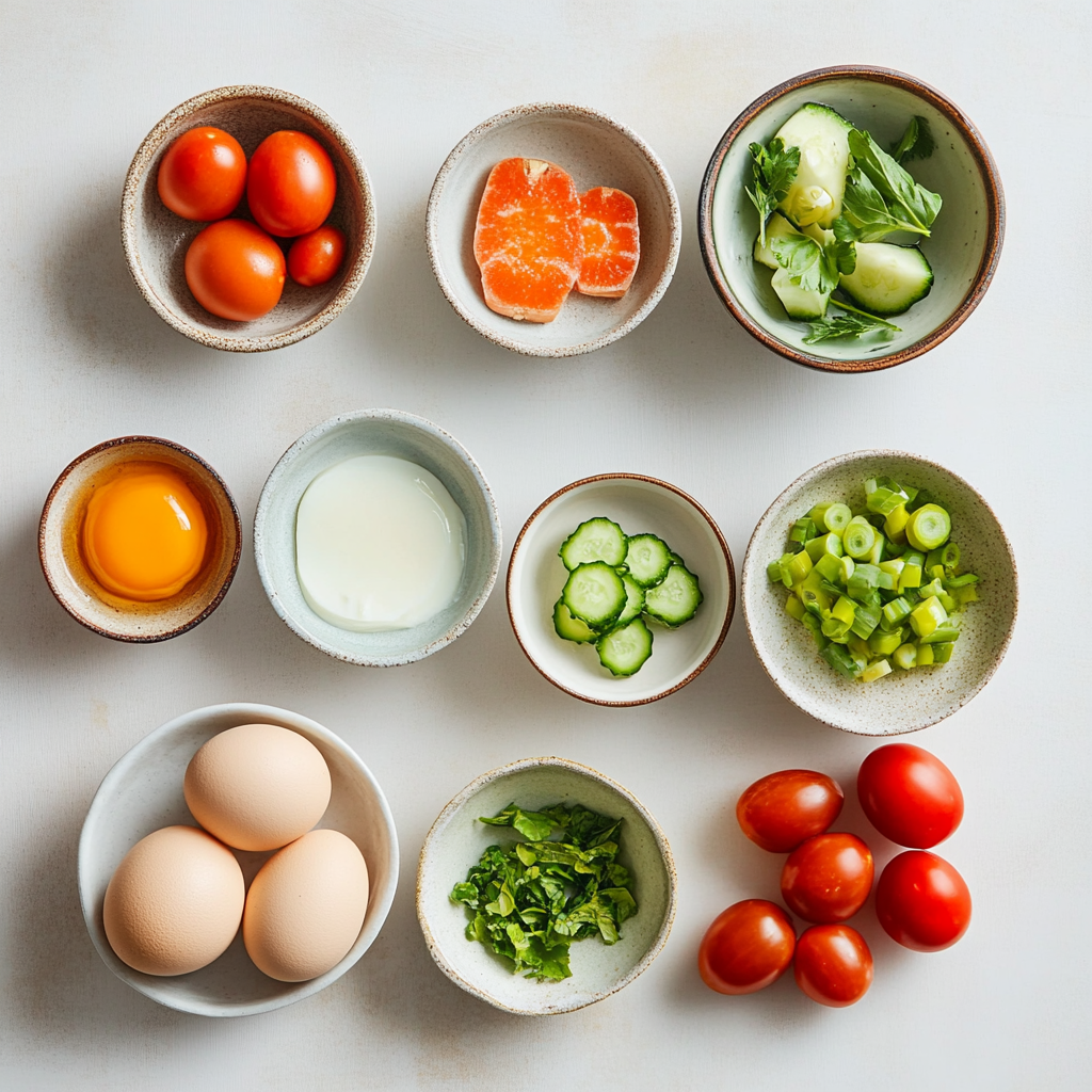 Egg White Veggie Omelette with crispy potato crust and vegetable filling a white plate overhead view