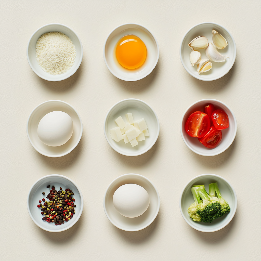 Egg White Veggie Omelette with crispy potato crust and vegetable filling a white plate overhead view