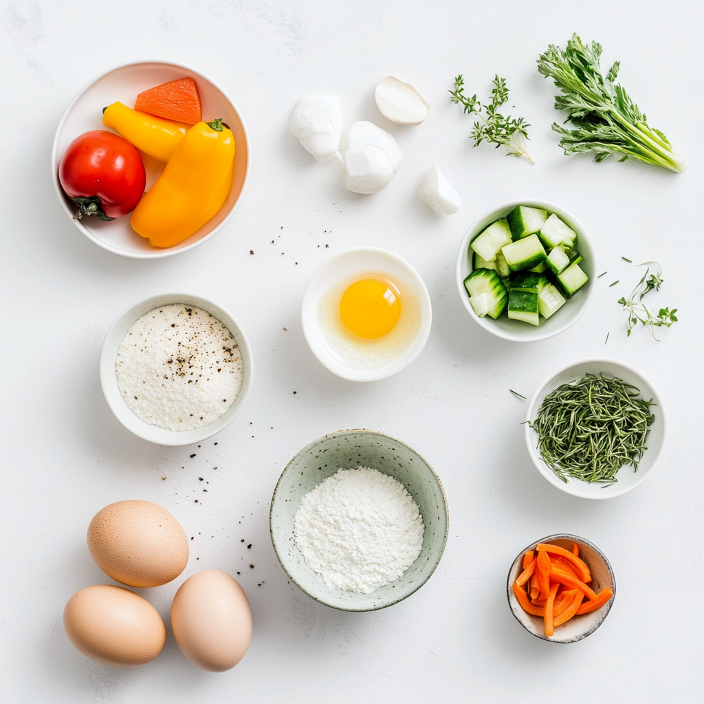 Egg White Veggie Omelette with crispy potato crust and vegetable filling a white plate overhead view