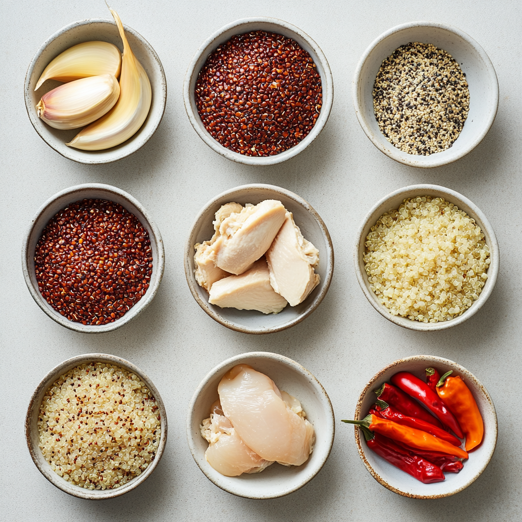 Grilled Chicken & Quinoa Bowl with crispy potato crust and vegetable filling a white plate overhead view