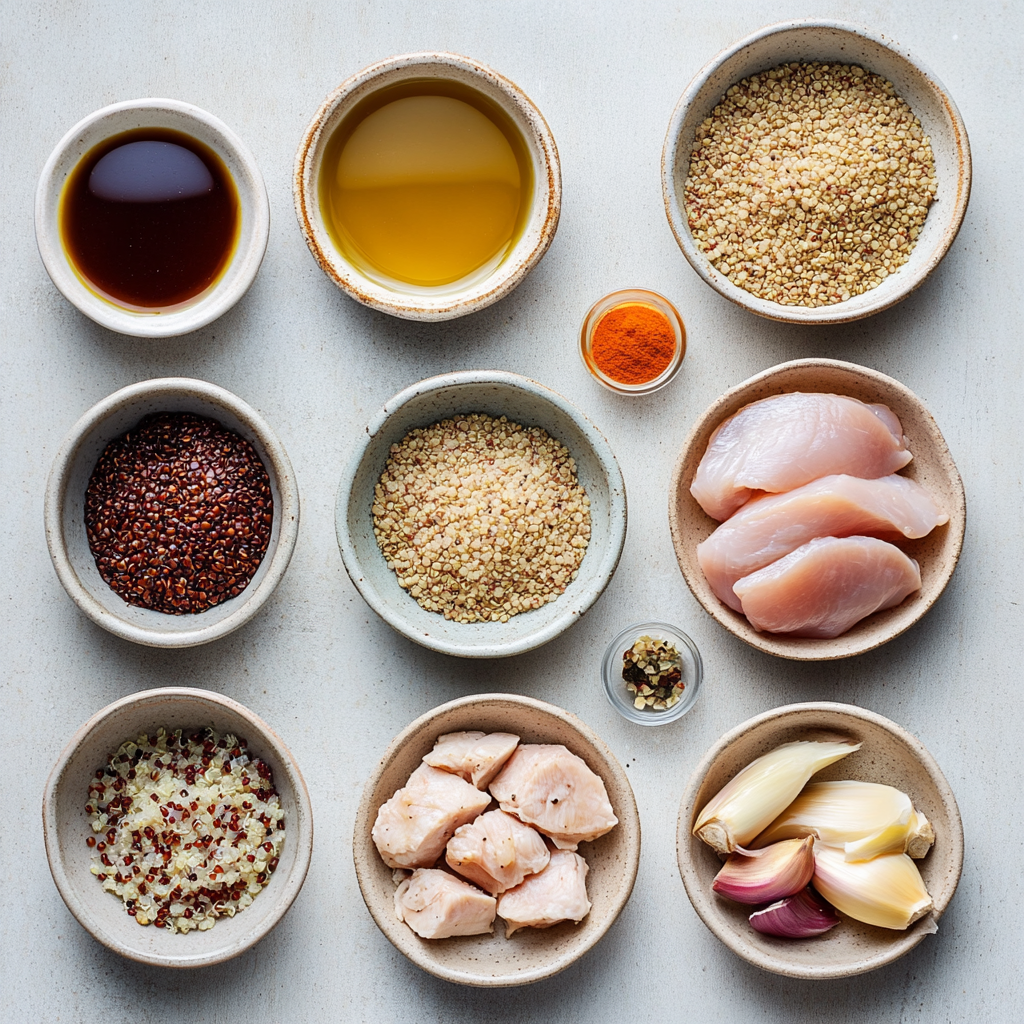 Grilled Chicken & Quinoa Bowl with crispy potato crust and vegetable filling a white plate overhead view