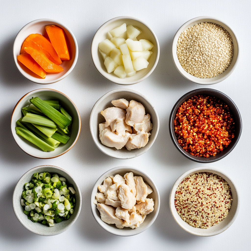 Grilled Chicken & Quinoa Bowl with crispy potato crust and vegetable filling a white plate overhead view