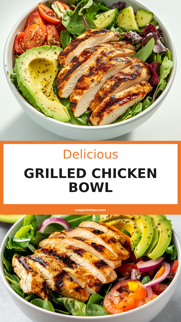 Grilled Chicken Avocado Protein Bowl with crispy potato crust and vegetable filling a white plate overhead view