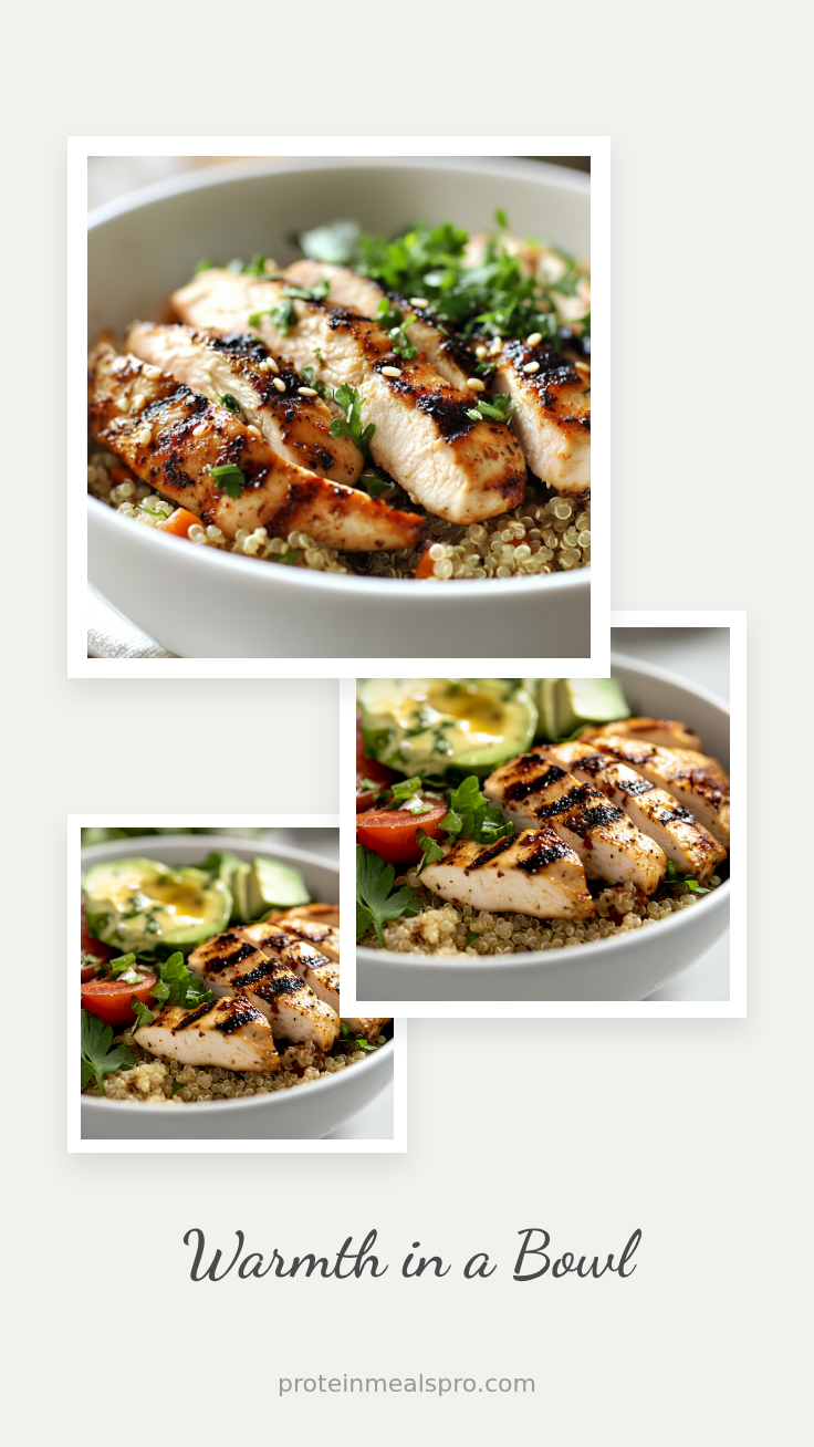 Grilled Chicken & Quinoa Bowl with crispy potato crust and vegetable filling a white plate overhead view