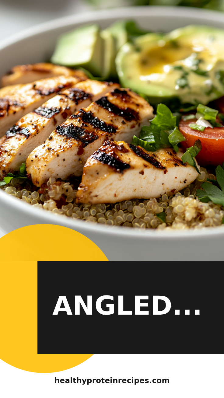 Grilled Chicken & Quinoa Bowl with crispy potato crust and vegetable filling a white plate overhead view