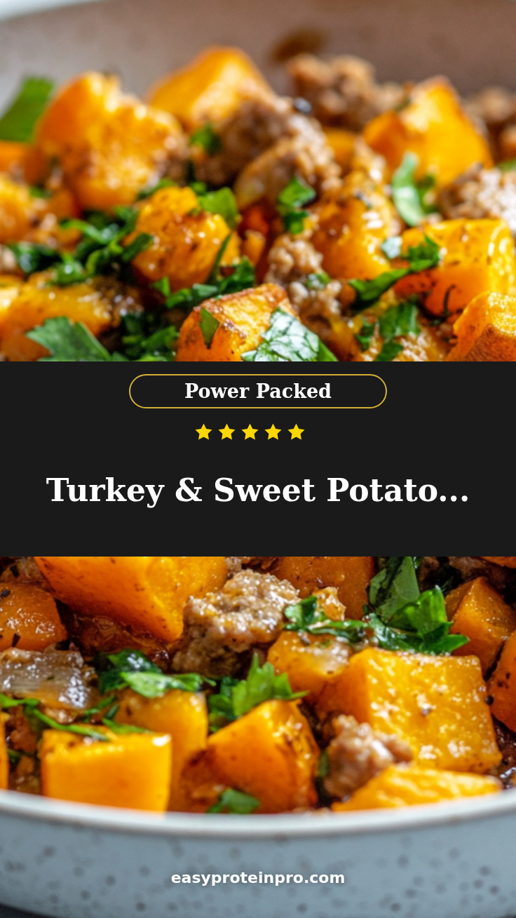 Turkey & Sweet Potato Power Skillet with crispy potato crust and vegetable filling a white plate overhead view