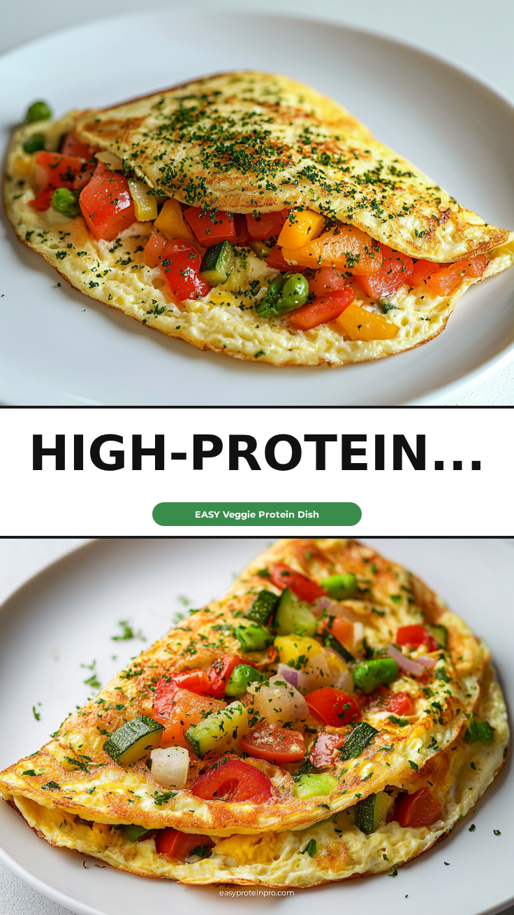 High-Protein Egg White Veggie Omelette with crispy potato crust and vegetable filling a white plate overhead view