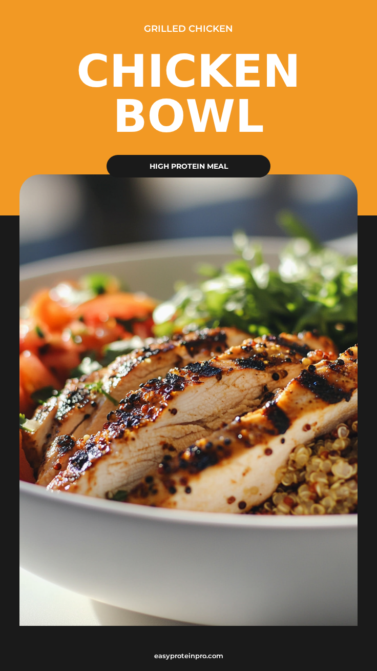 Grilled Chicken & Quinoa Bowl with crispy potato crust and vegetable filling a white plate overhead view